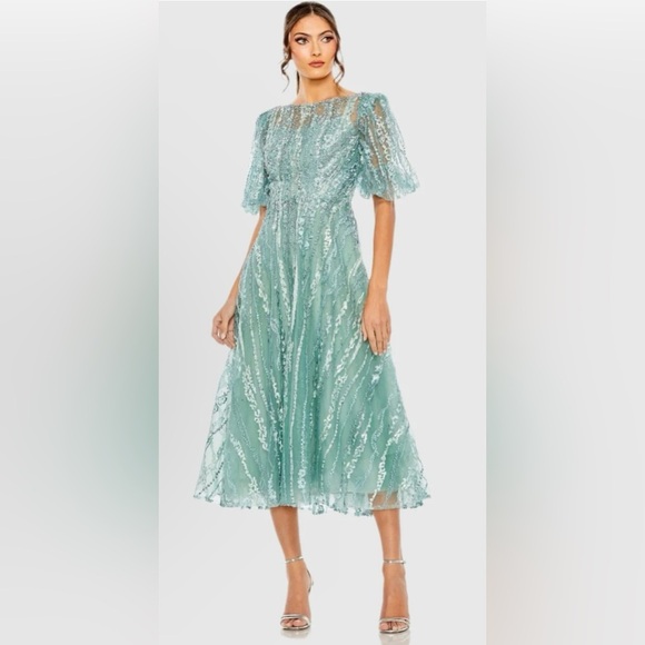 MAC DUGGAL 20485 NWT High Neck Puff Sleeve Embellished A Line Dress - Picture 1 of 6